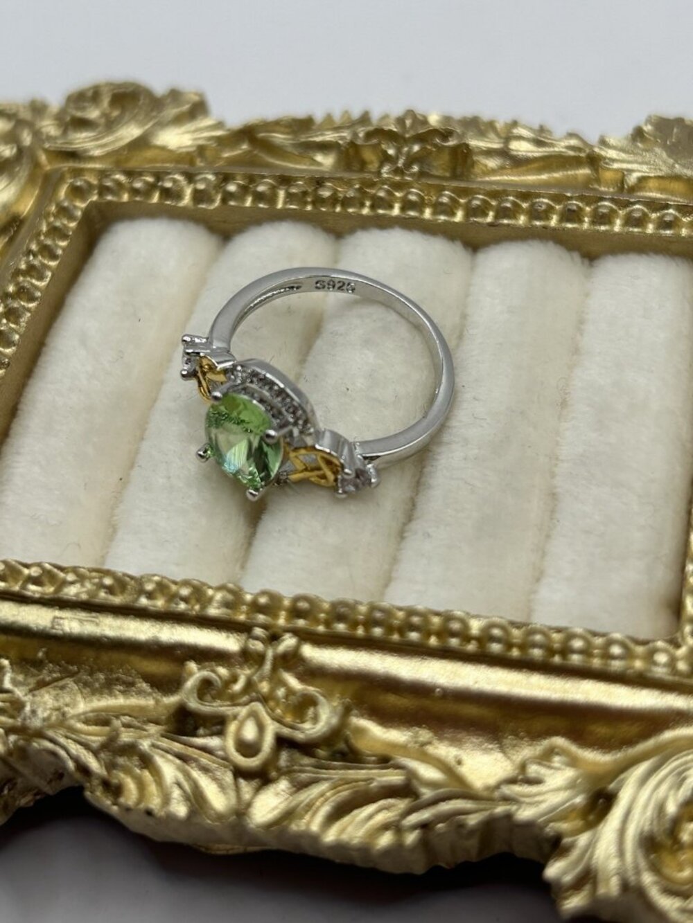 Sterling Silver Ring S925 Green Oval Gemstone w/ Gold Accents & CZ Halo Sz 7 - Picture 4 of 13
